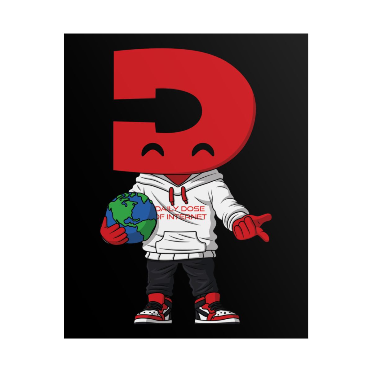Red D Character Holding Earth Rolled Poster | Cartoon Logo Art Print | Daily Dose of Internet