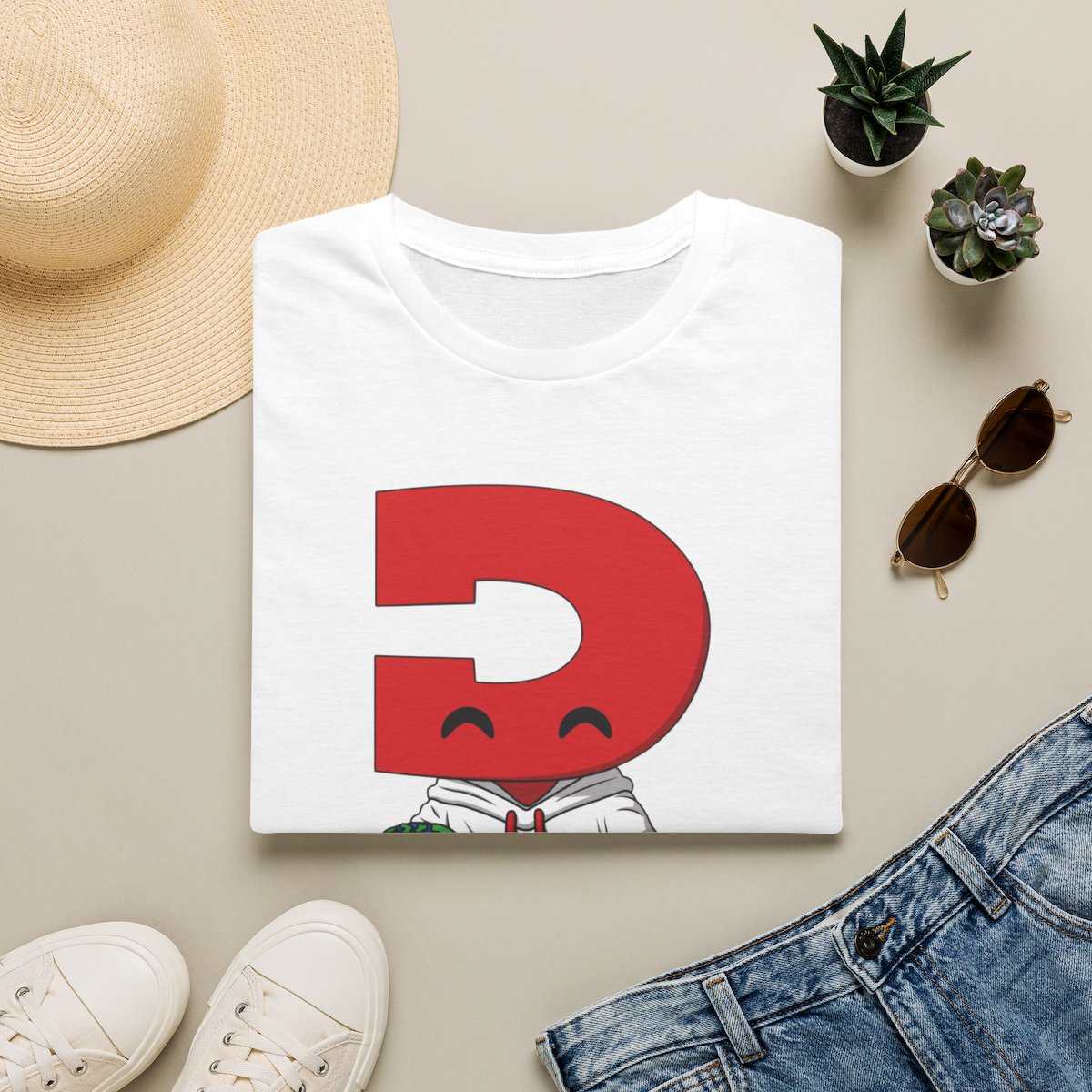 Red Letter Character Holding Globe T-Shirt | Cute Cartoon D Logo Tee | Daily Dose of Internet