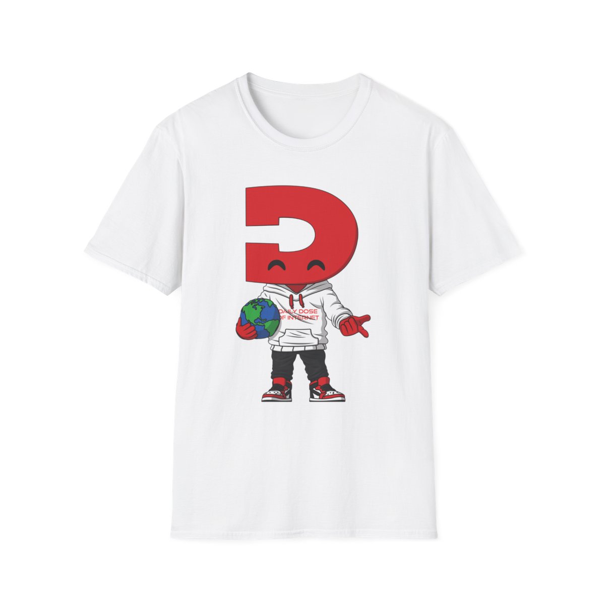 Red Letter Character Holding Globe T-Shirt | Cute Cartoon D Logo Tee | Daily Dose of Internet
